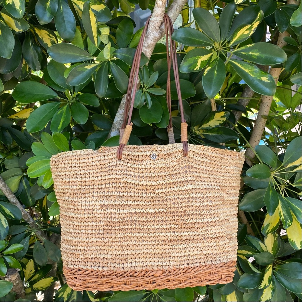 Flora Bella Boho Natural Tan and Brown Raffia Tote Bag RARE fabric inner lining